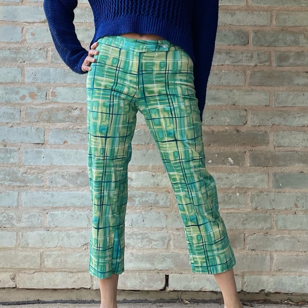 Vintage Capri Pants 90s Green Plaid Stretch Skinny Cropped Trouser Pedal Pushers